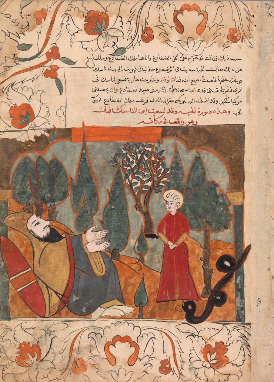 Az öreg kígyó meséli el az aszkéta fiának tévedésből való megharapását, Folio egy Kalilából..., 18. sz. alkotó: Unbekannt
