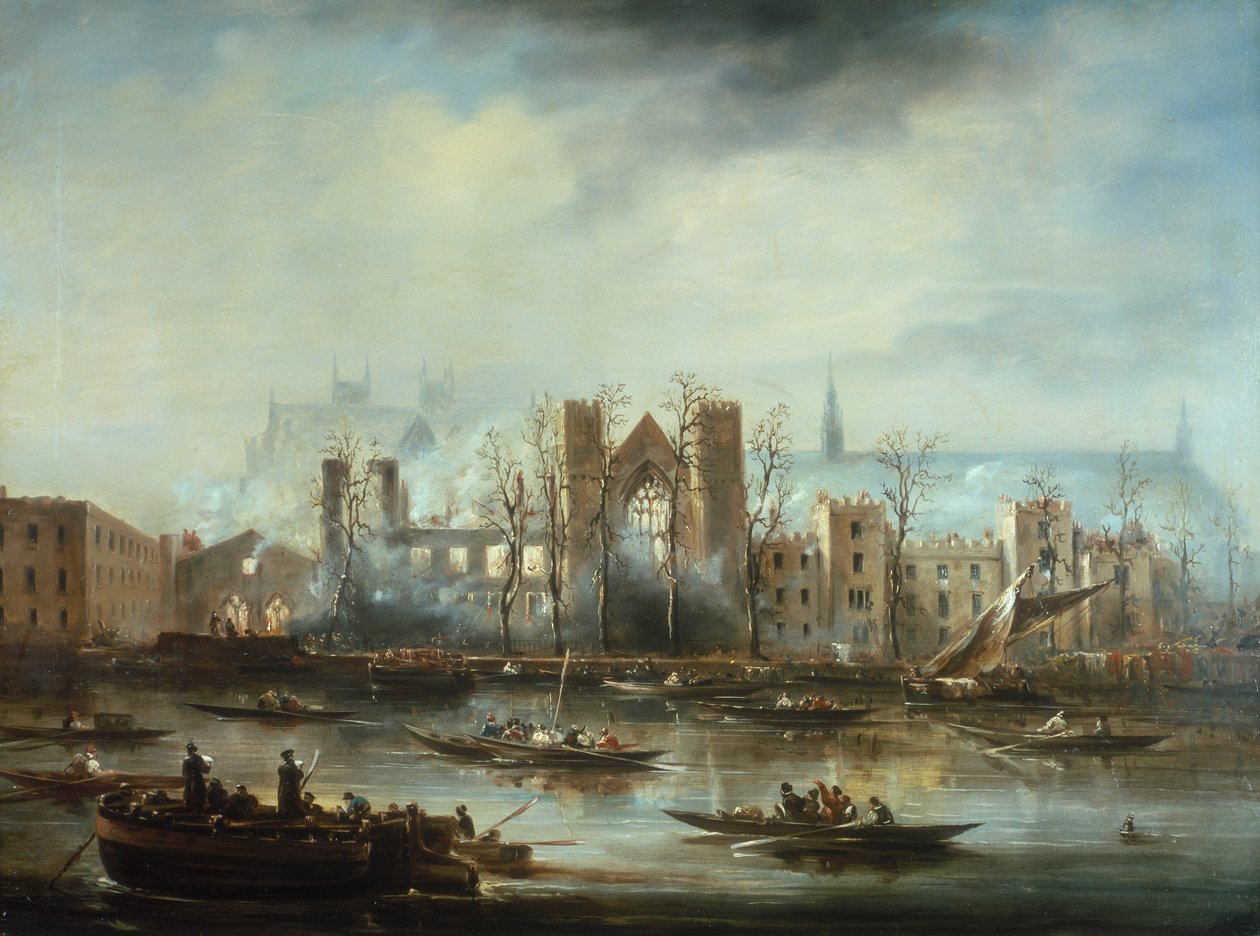 "A Westminsteri palota a folyótól az 1834-es tűzvész után", 1834 alkotó: Unbekannt