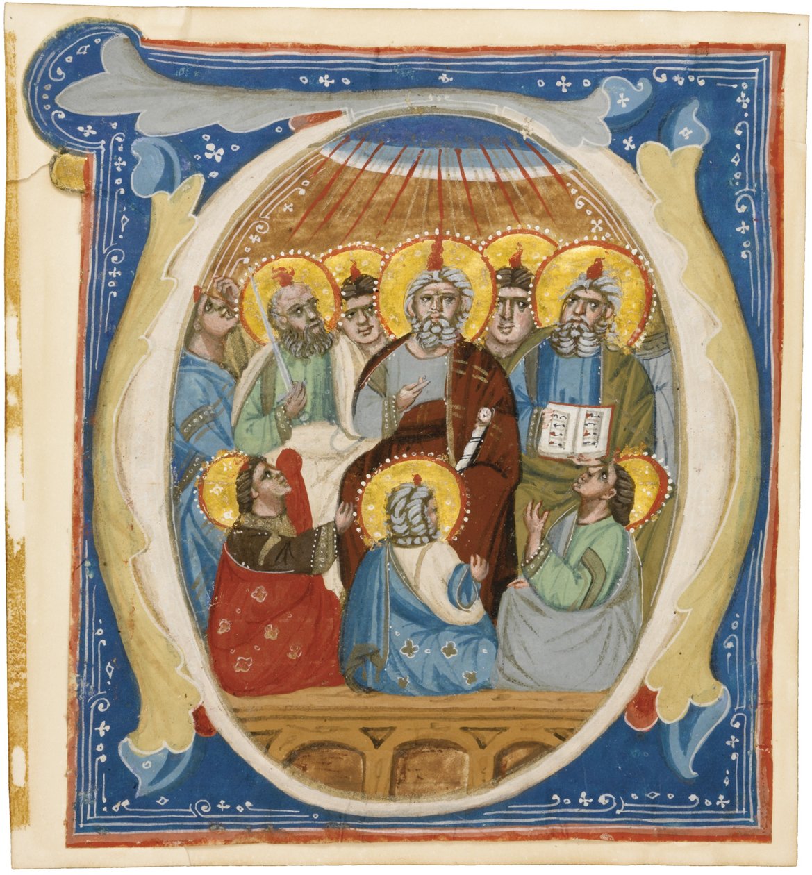 A pünkösd. Kezdeti O egy antifonerből, kb 1320 alkotó: Unbekannt