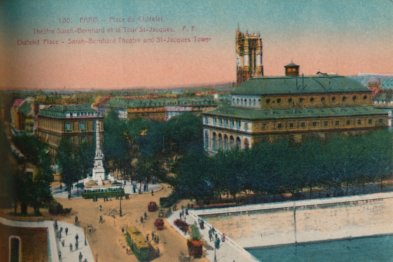 A Place du Châtelet - Sarah-Bernhardt Színház és a Tour Saint-Jacques, 1920 alkotó: Unbekannt