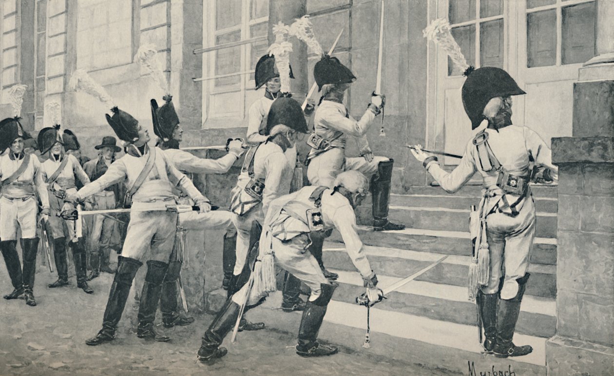 A porosz nemesi gárda élesíti kardját a berlini francia nagykövetség lépcsőjén, 1896 alkotó: Unbekannt