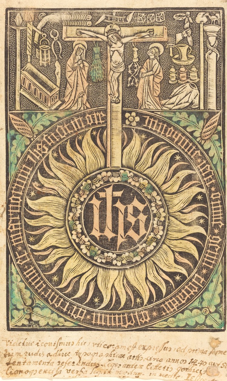 A Szent Monográfia a keresztre feszítés és a passió szimbólumaival [recto], 1470-ben vagy azt követően. alkotó: Unbekannt