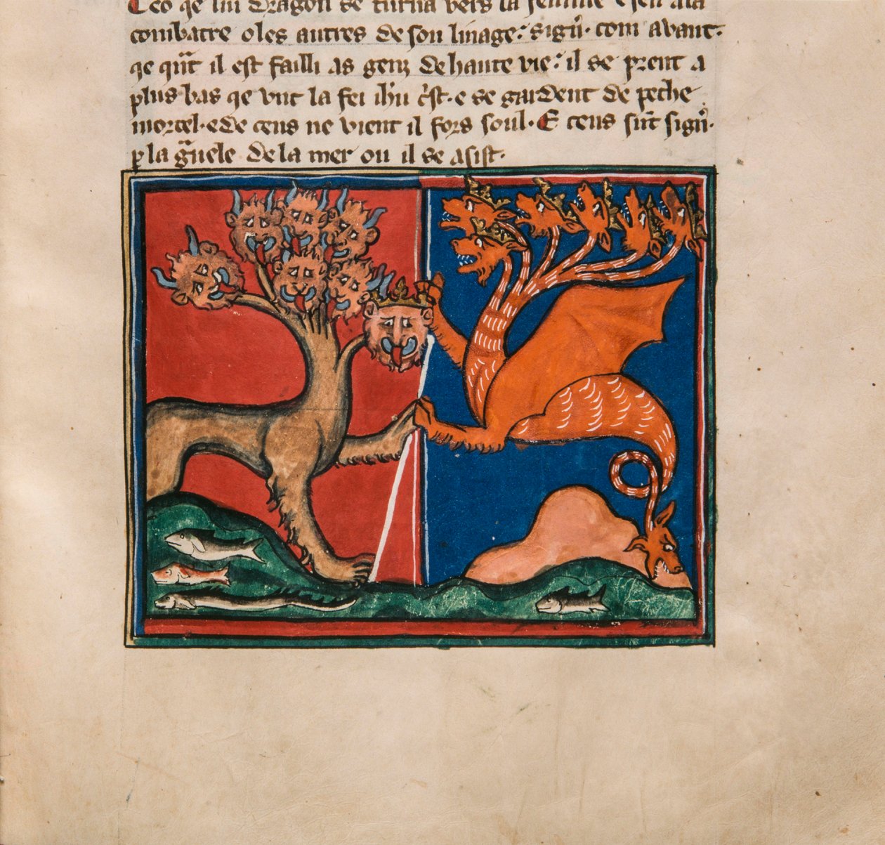 A tengeri szörnyeteg és a földi szörnyeteg. Miniatűr: Apocalypse de saint Jean, 1320 körül. alkotó: Unbekannt