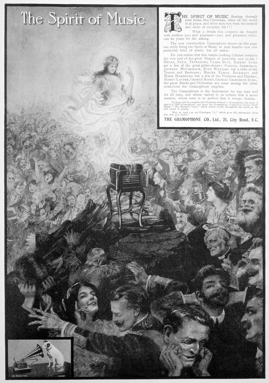 The Spirit of Music, a Gramophone Co. reklámja, 1910 alkotó: Unbekannt