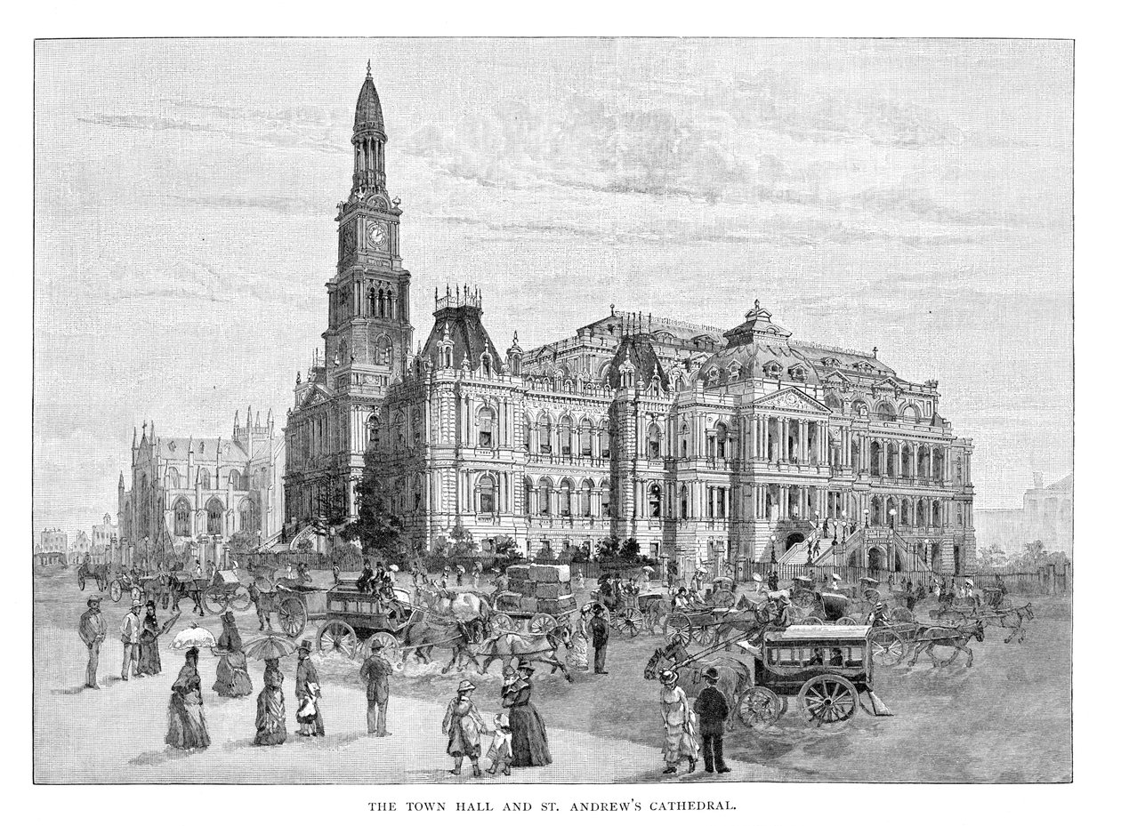 A városháza és a Szent András-székesegyház, Sydney, Új-Dél-Wales, Ausztrália, 1886 alkotó: Unbekannt