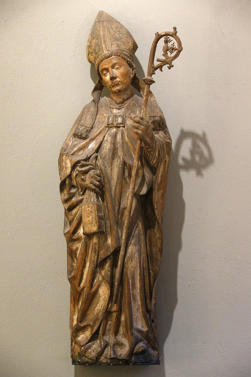 A Victoria and Albert Múzeum. püspök szent. Németország. 1470-80 körül. Hársfa, festéknyomokkal. Egyesült Királyság alkotó: Unbekannt