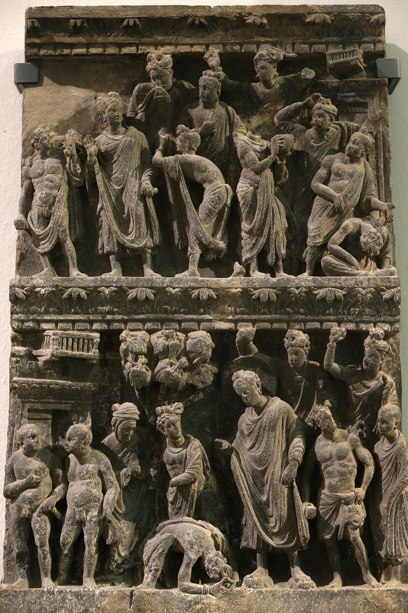A Victoria and Albert Múzeum. Dombormű, amely Buddha életére tett kísérletet mutatja. 100-200. Pala. Gandhara/Északnyugat Pakisztán. Egyesült Királyság alkotó: Unbekannt