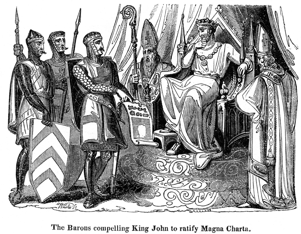 A bárók arra kényszerítették János királyt 1167-1216 között, hogy ratifikálja a Magna Cartát, 1215 alkotó: Unbekannt
