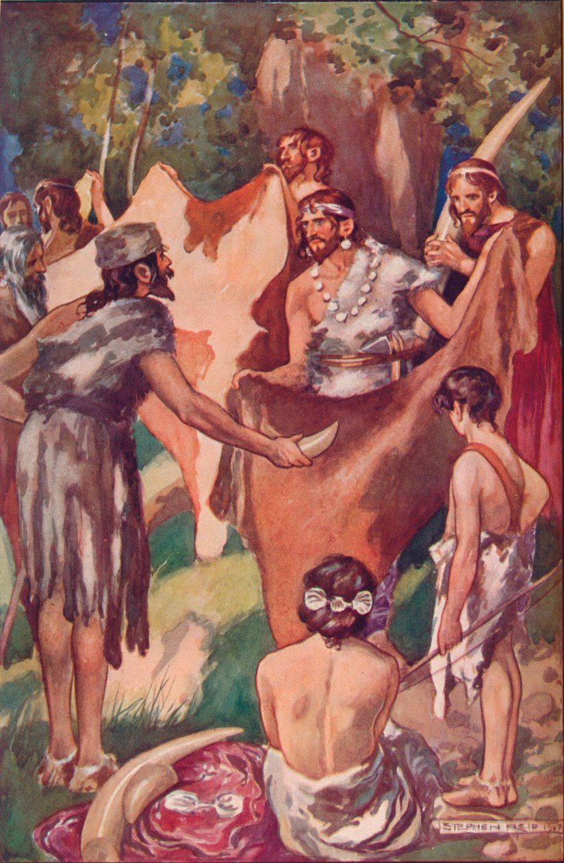 A kereskedelem kezdetei: primitív emberek elefántcsont agyarral és bikabőrrel csereberéltek, 1907 alkotó: Unbekannt