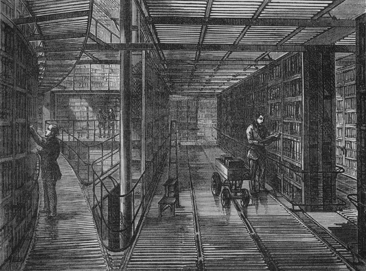 Könyvespolcok a British Museumban, Bloomsbury, London, 1875 1878 alkotó: Unbekannt