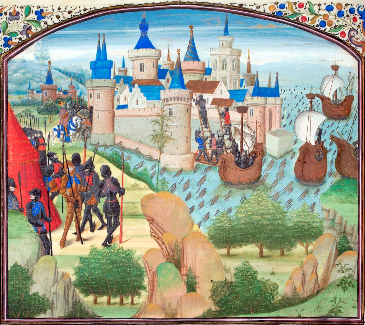 Konstantinápoly elfoglalása szárazföldön és tengeren 1204-ben. Miniatűr a Historiából, Tírusz Vilmos, 1460-as évek alkotó: Unbekannt