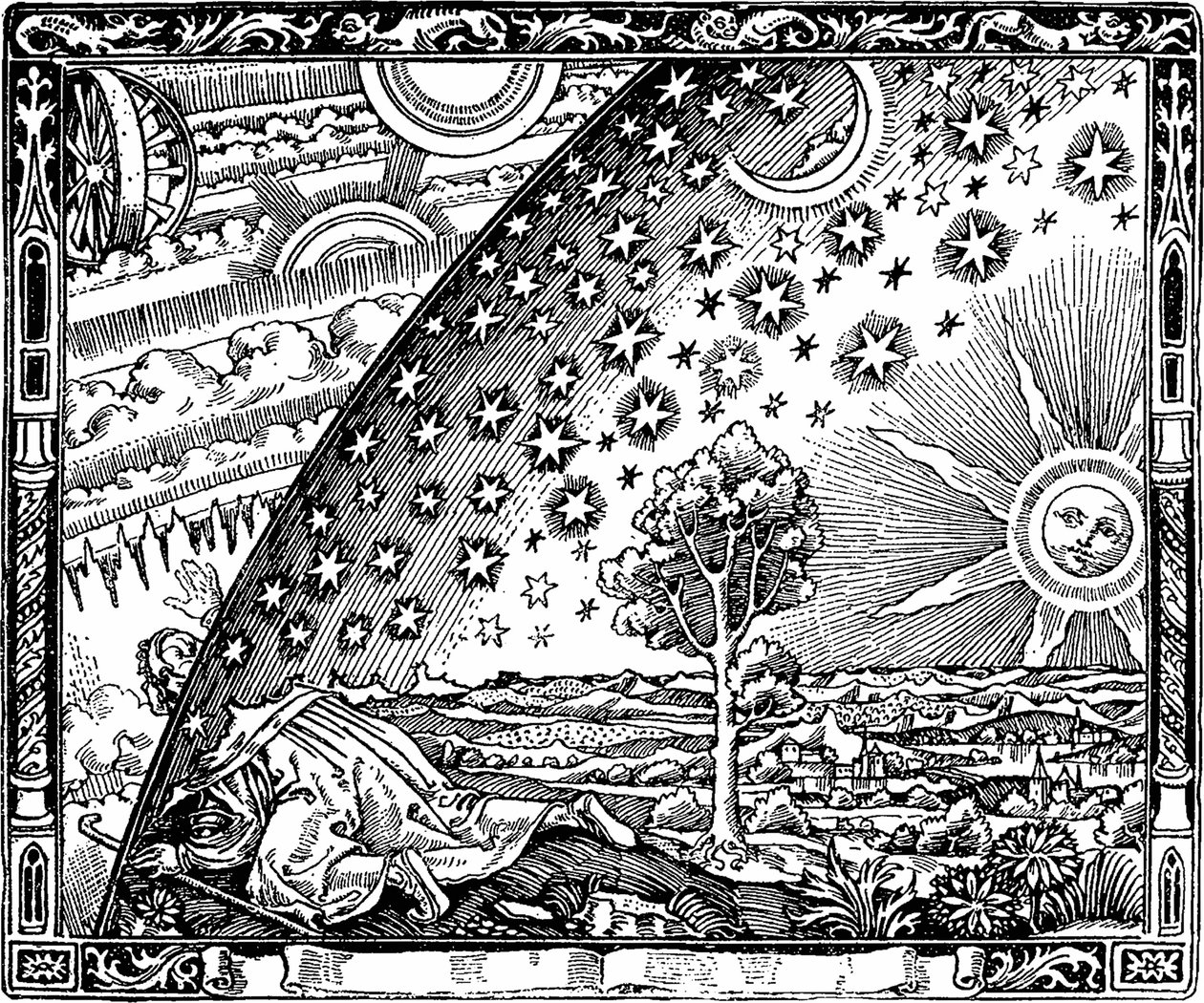 Az égbolt széle Flammarion-metszet Latmosphère-ből. Météorologie populaire, Camill alkotó: Unbekannt