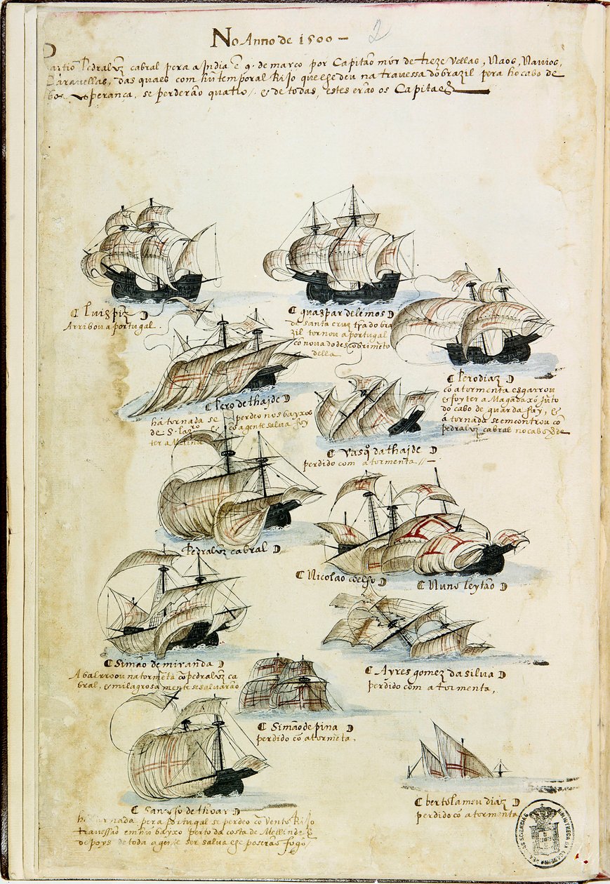 Pedro Álvares Cabral flottája 1500-ban. Livro das Armadasból, 1568 körül. alkotó: Unbekannt