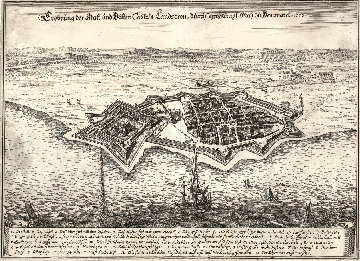 A svédországi Landskrona erődítményei, amelyeket a dánok elfoglaltak a Scania háborúban, 1676 alkotó: Unbekannt