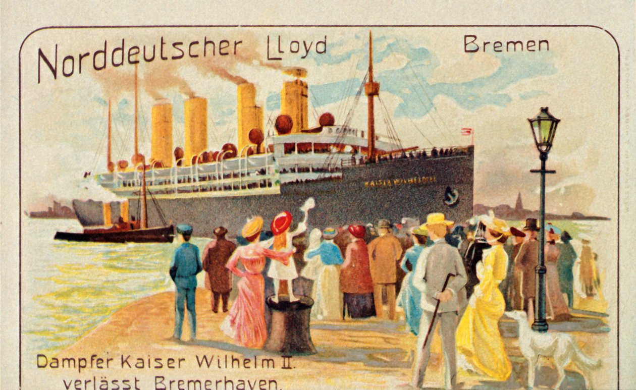 Az óriás SS Kaiser II Wilhelm 1905-ben a németországi Bremerhaven rakpartjáról húzódik le. alkotó: Unbekannt