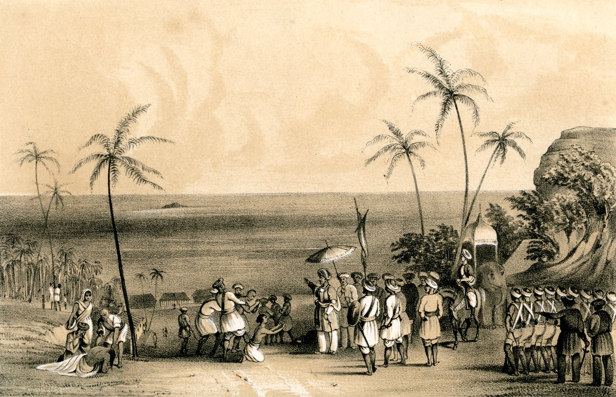 Calicut kereskedőit Tippoo Saib 1847-es parancsára lefoglalták és egy kopár sziklához láncolták alkotó: Unbekannt