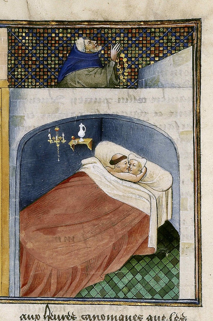 A szerzetes a feleségével alszik, miközben a férj imádkozik, 1460-as évek. alkotó: Unbekannt