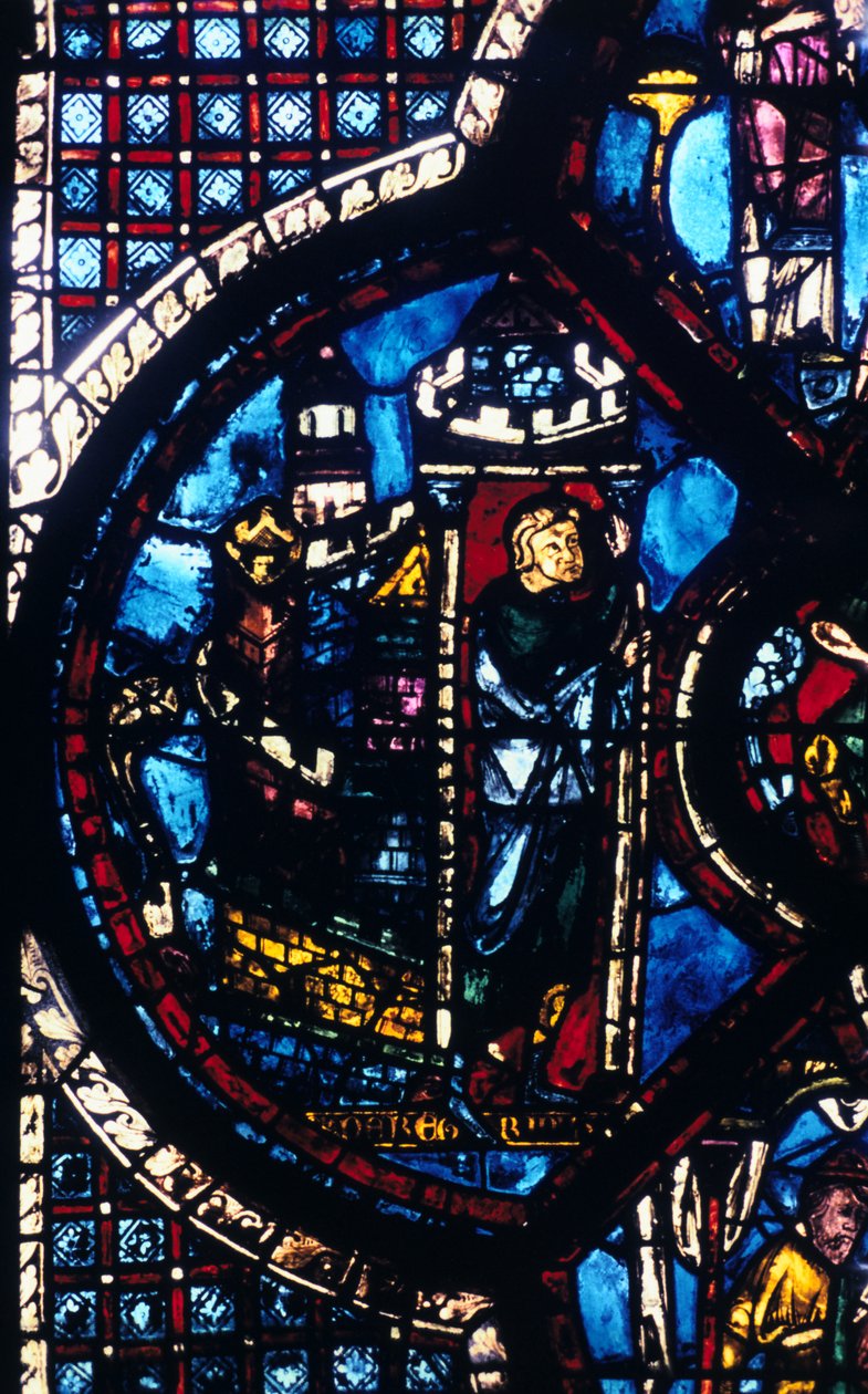 A zarándok Jeruzsálemből Jerikóba indul, ólomüveg, Chartres-i katedrális, Franciaország, 1205-1215 alkotó: Unbekannt