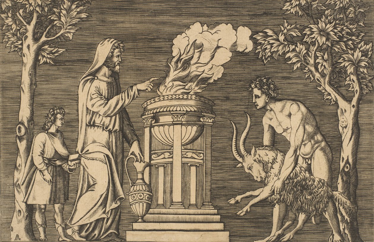 Egy kos feláldozása, amelyet jobbról egy meztelen férfi, balról csuklyás pap tartott egy..., kb. 1515-1600. alkotó: Unbekannt