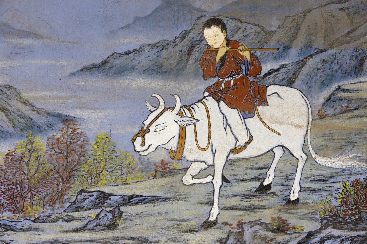 A zen buddhizmus tíz ökörterelő képe a megvilágosodás szakaszait képviseli Hazatérés az ökör hátán, Szöul, Coree du Sud alkotó: Unbekannt