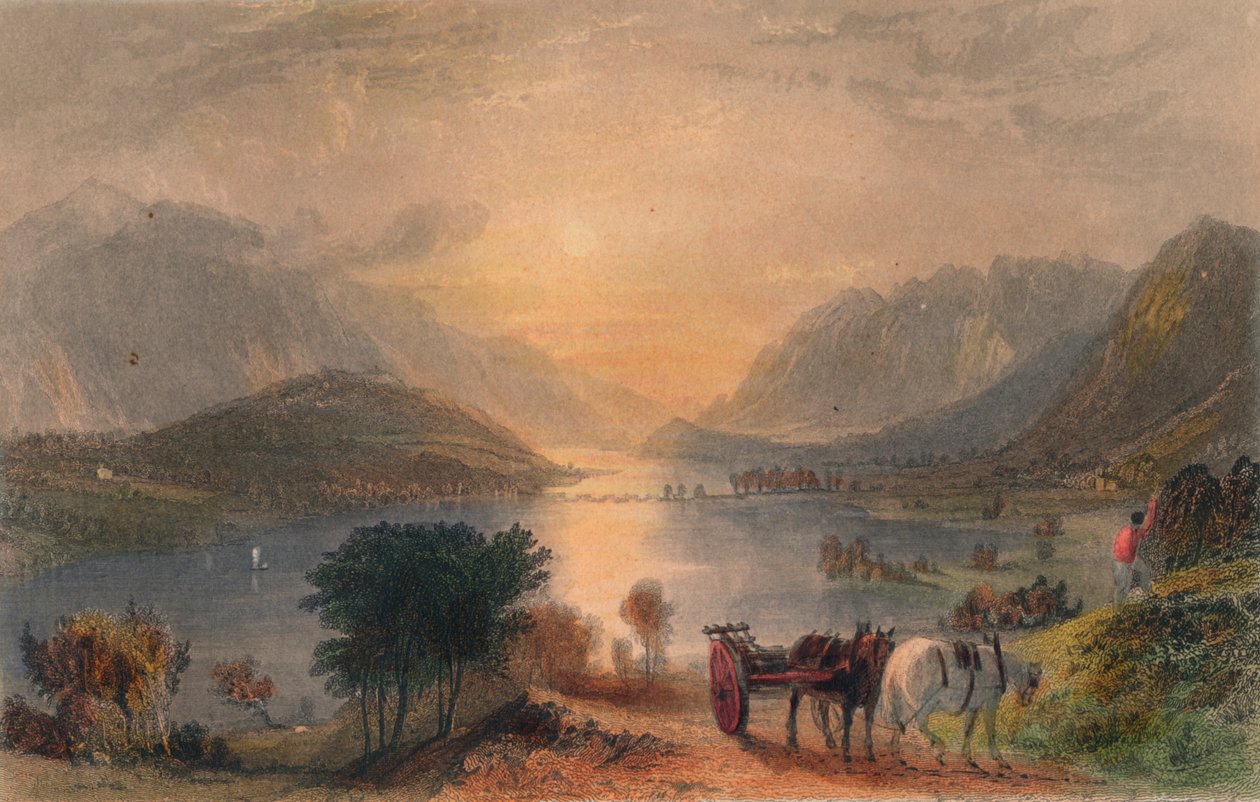 Thirlmere a Helvellyn nc. Raven Cragból, 1830-as évekből. alkotó: Unbekannt
