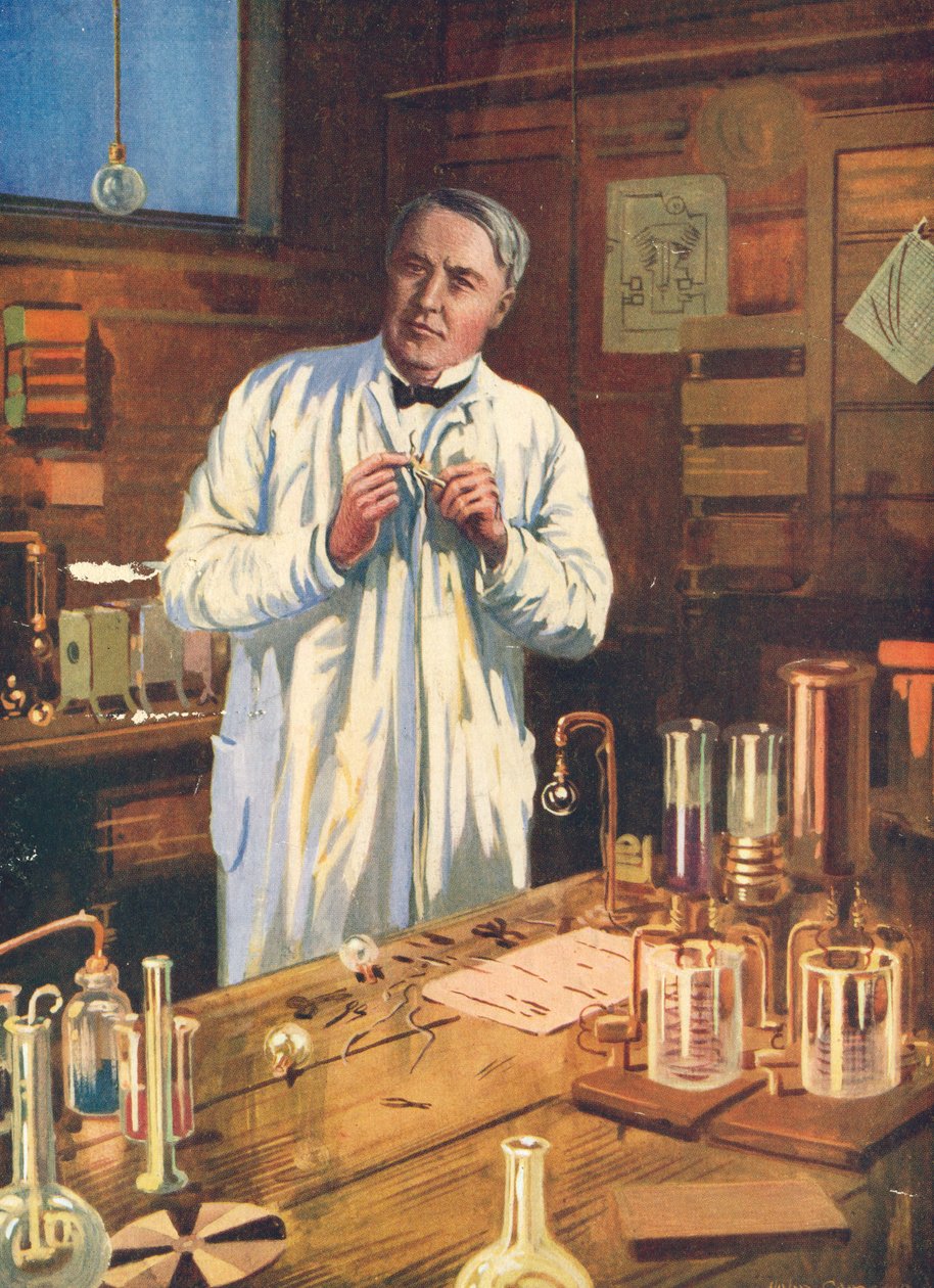 Thomas Edison amerikai feltaláló laboratóriumában, Menlo Parkban, New Jersey államban, az 1870-es évek 1920-as években alkotó: Unbekannt