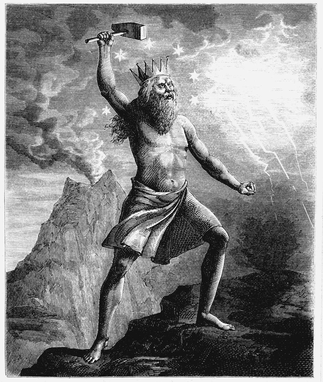 Thor, a mennydörgés istene a skandináv panteonban, kalapácsával hadonászik, 1874 alkotó: Unbekannt