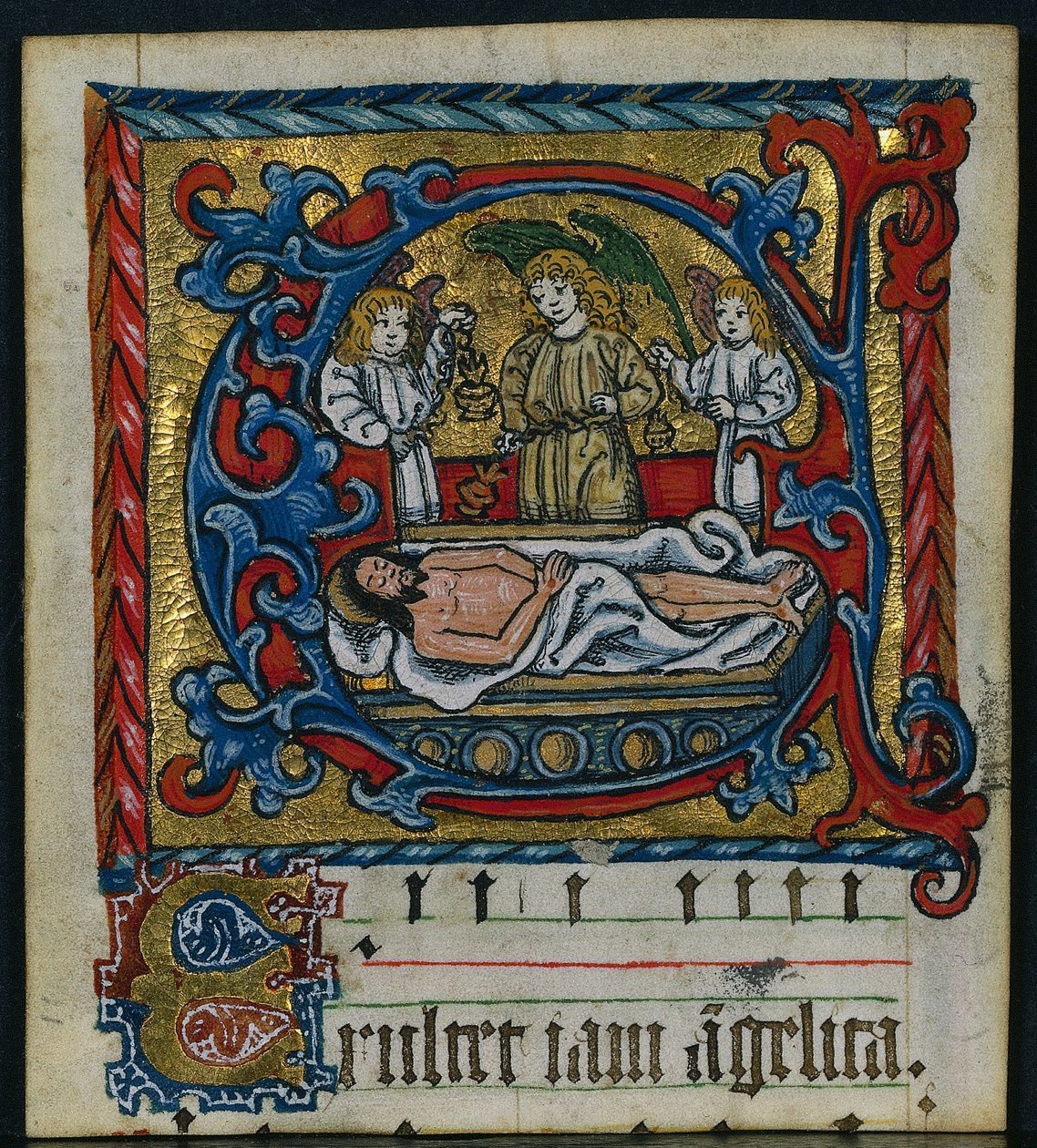 Három kivágás egy misekönyvből: E kezdetű a sír angyalaival, c. 1470-1500. alkotó: Unbekannt