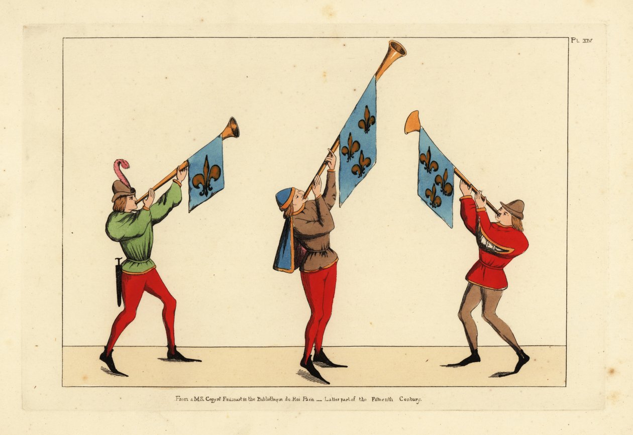 Három hírnök trombitákkal, fleur-de-lis szabványokkal díszítve alkotó: Unbekannt