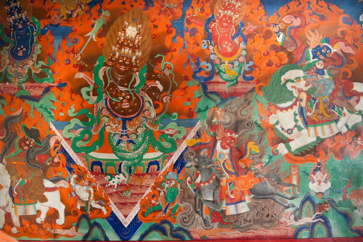 tibeti buddhizmus; régi falfestmény a gyülekezeti teremben; démonok harca íjakkal és nyilakkal; Takthok Gompa kolostor; Sakti Leh közelében; Ladakh kerület; Dzsammu és Kasmír; India; Dél-Ázsia; Ázsia alkotó: Unbekannt