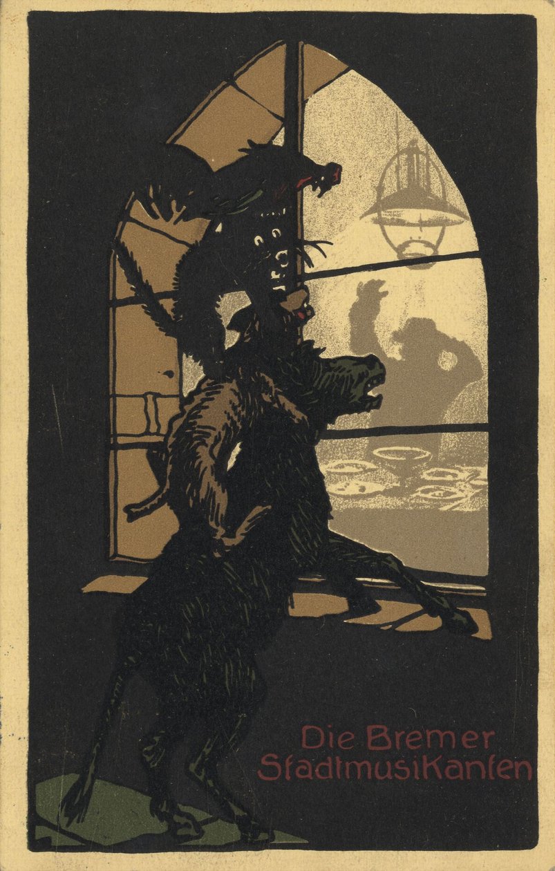 A Grimm testvérek Brémai városi zenészei című könyvének címterve, 1910-es évek alkotó: Unbekannt