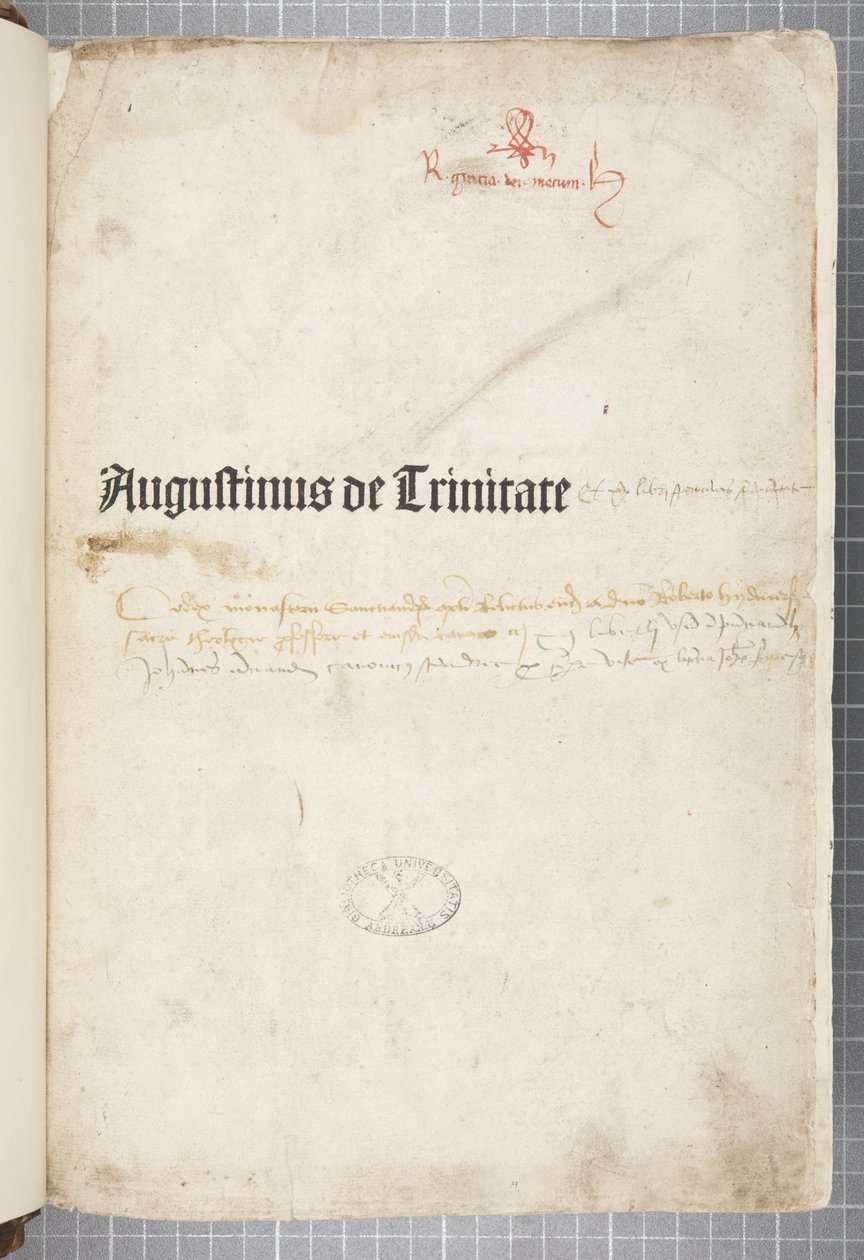 A De trinitate és a De Civitate Dei cum commento címlapja, Hippói Ágoston írta (toll és tinta papíron) alkotó: Unbekannt