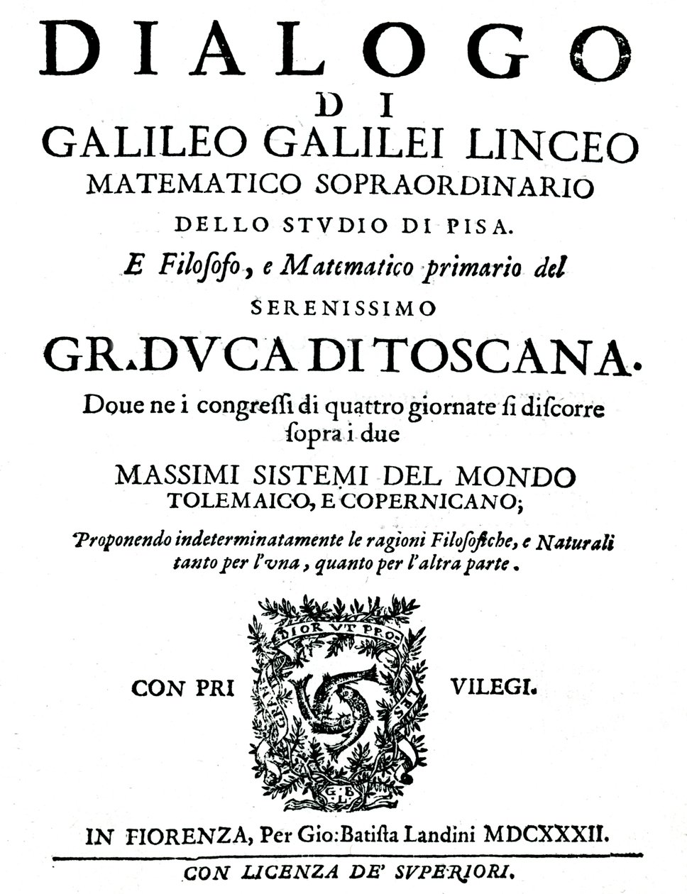 A Dialogo címlapja, Galilei, 1632 alkotó: Unbekannt