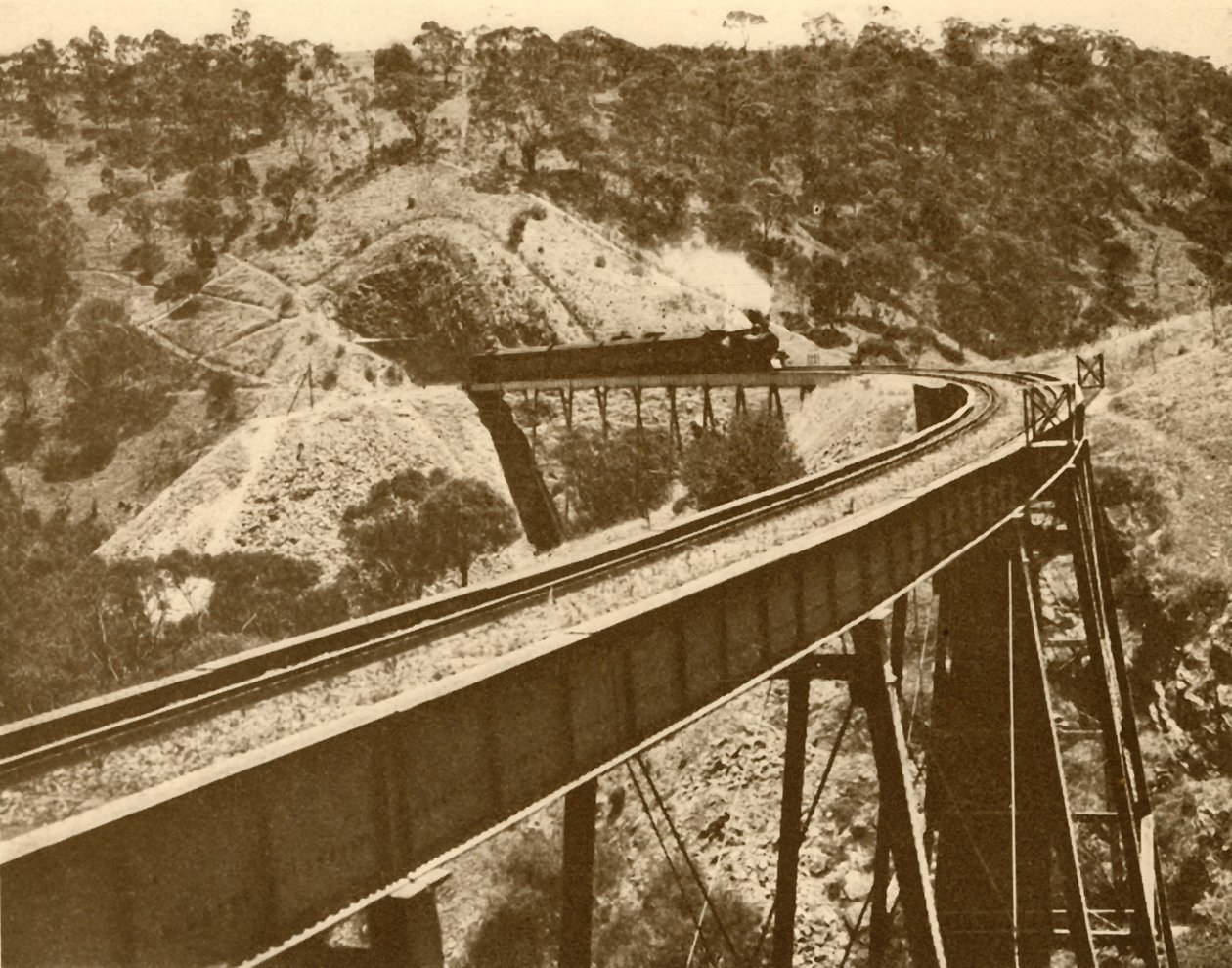 Vonat áthaladó viadukton, Mount Lofty Range, Dél-Ausztrália, 1930. alkotó: Unbekannt