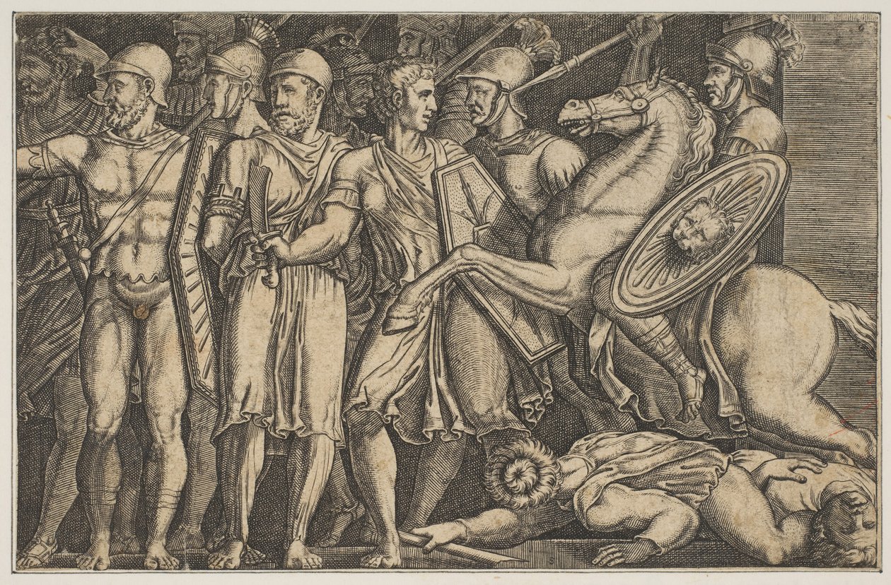 Traianus Harc a dákokkal, Traianus lóháton jobbra lovagol egy csoport felé..., kb. 1515-1600. alkotó: Unbekannt