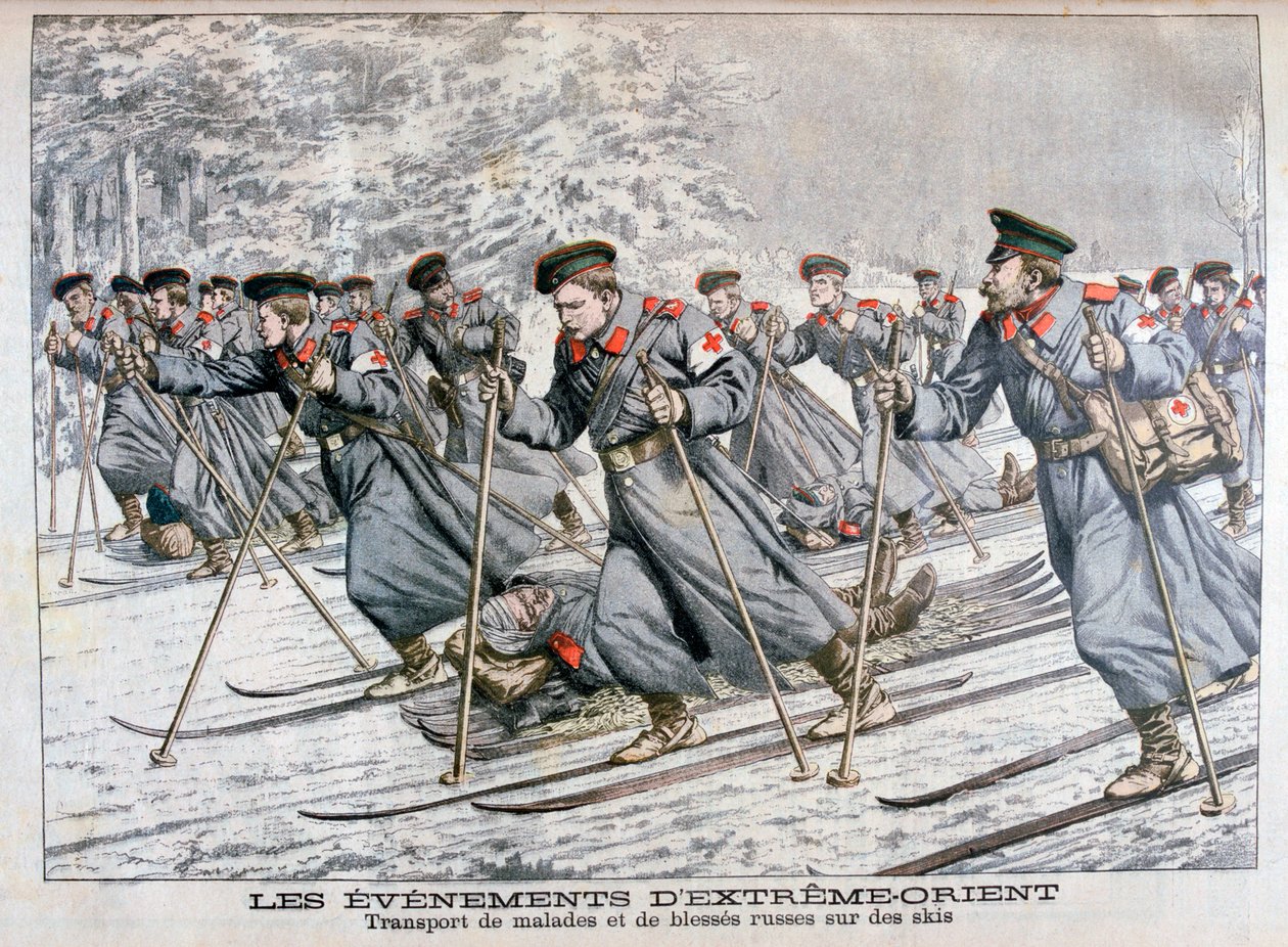 Beteg és sebesült orosz csapatok szállítása sílécen, orosz-japán háború, 1904 alkotó: Unbekannt