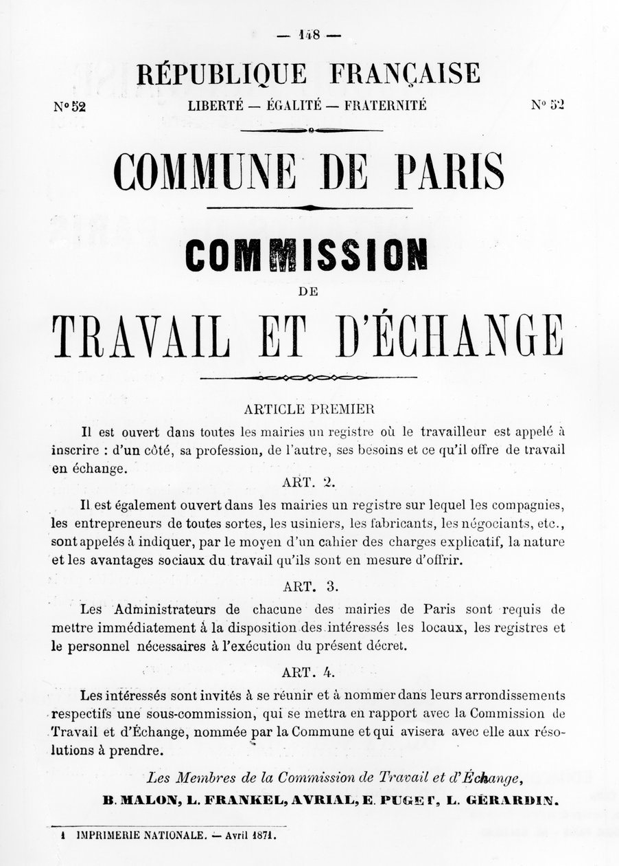 Travail et DEchange, a Párizsi Kommün francia politikai plakátjaiból, 1871. május alkotó: Unbekannt