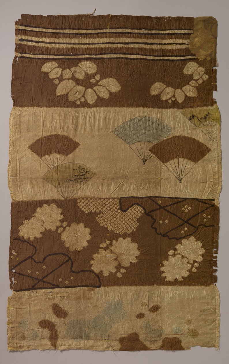 Tsujigahana textil vízszintes csíkokkal, virágos növények, legyezők, hópelyhek..., kb. 16. sz. vége alkotó: Unbekannt