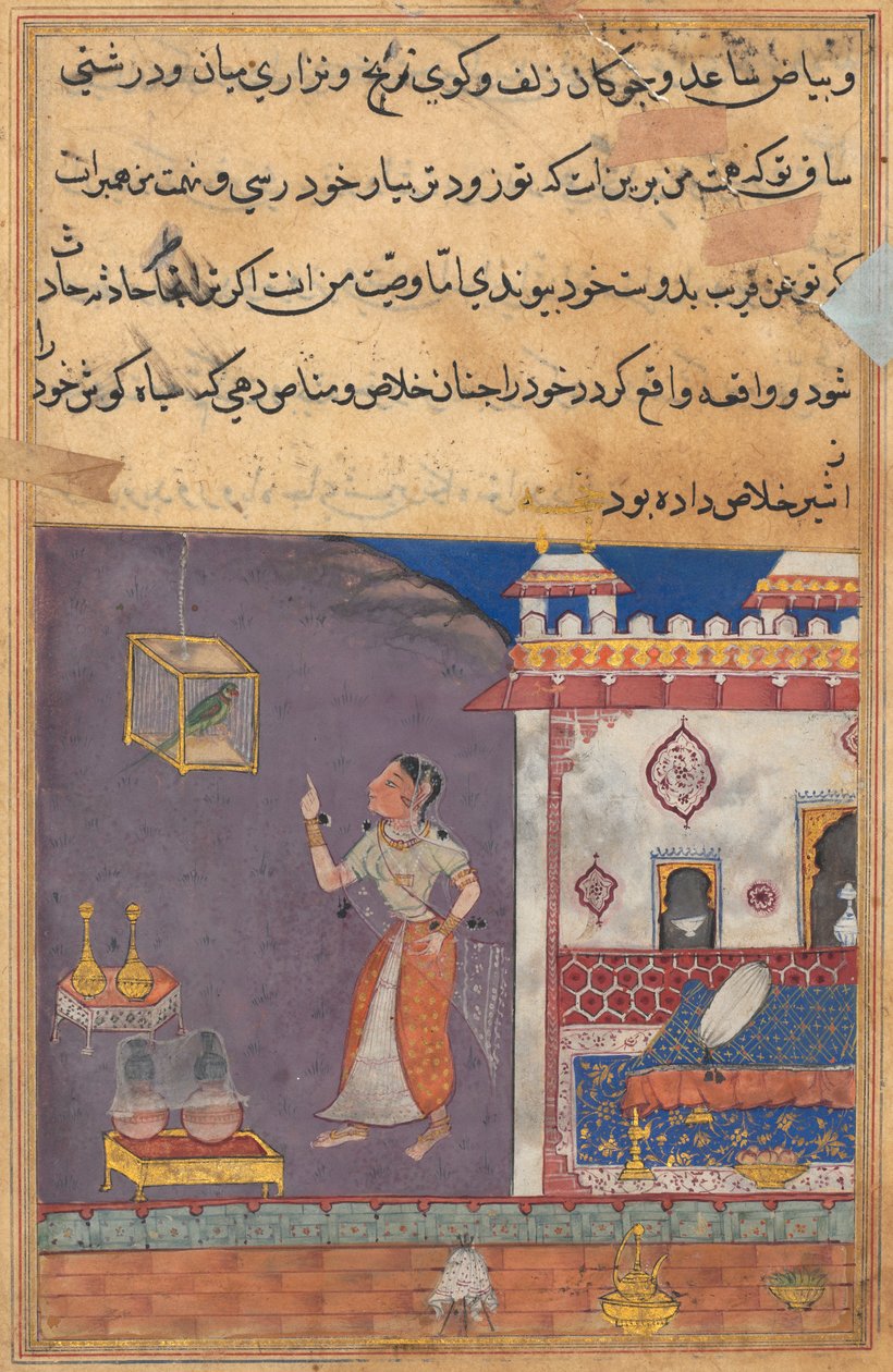 Tuti-Nama Mesék egy papagájról: XXIX. mese, Oroszlánt egy kis hiúz kitettek barlangjából #XIV, c. 1560. alkotó: Unbekannt