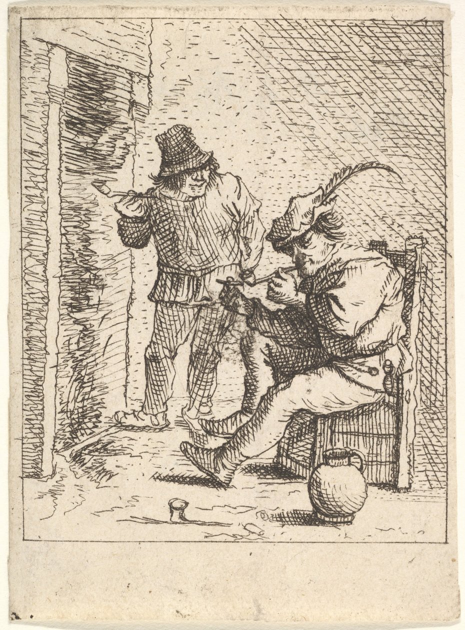 Két férfi paraszt, aki pipát tart a kandalló előtt, egy ülve a pipával..., 1625-90 után. alkotó: Unbekannt