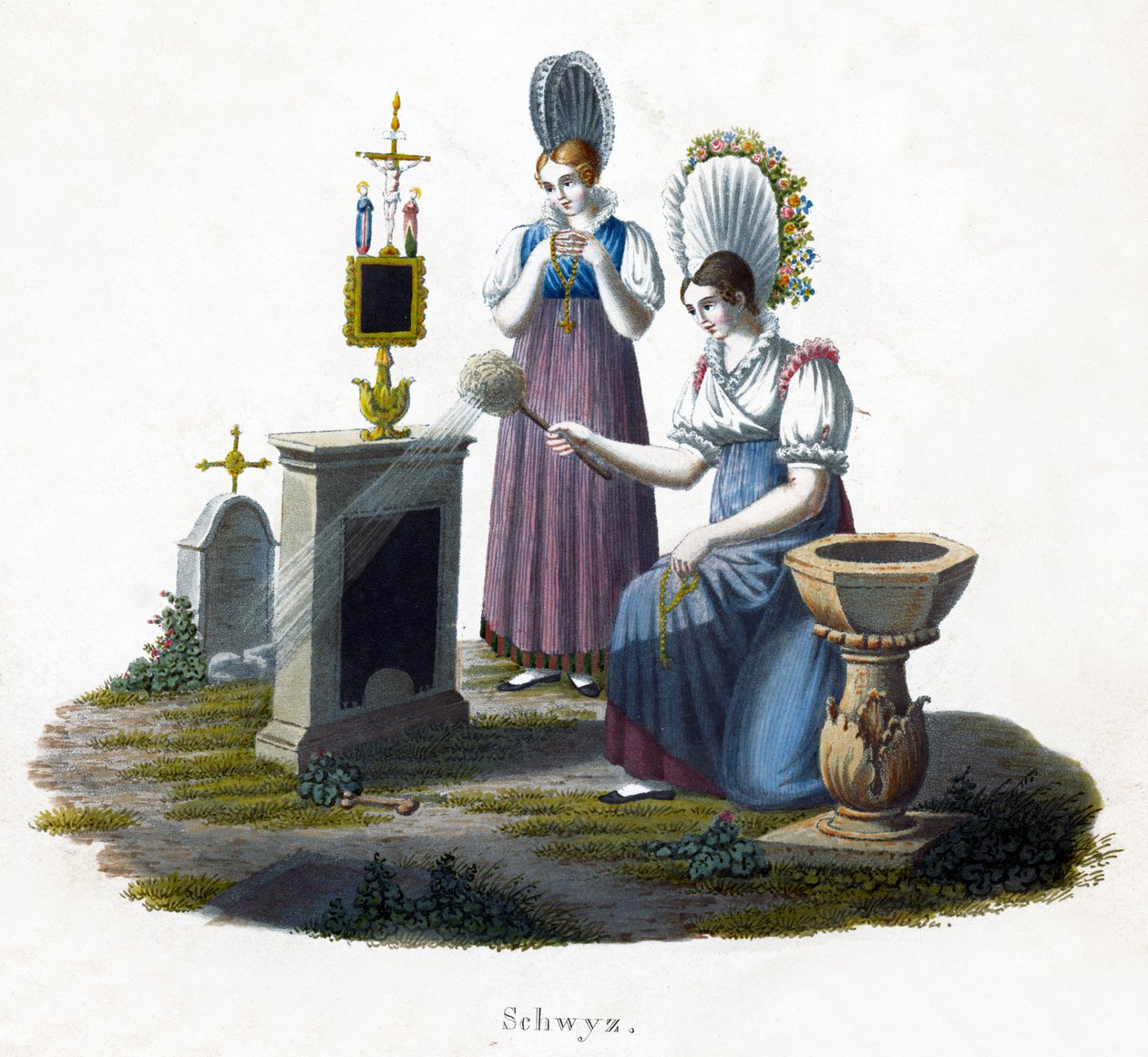 Két nő áll egy sírkő előtt a temetőben, c1800 alkotó: Unbekannt