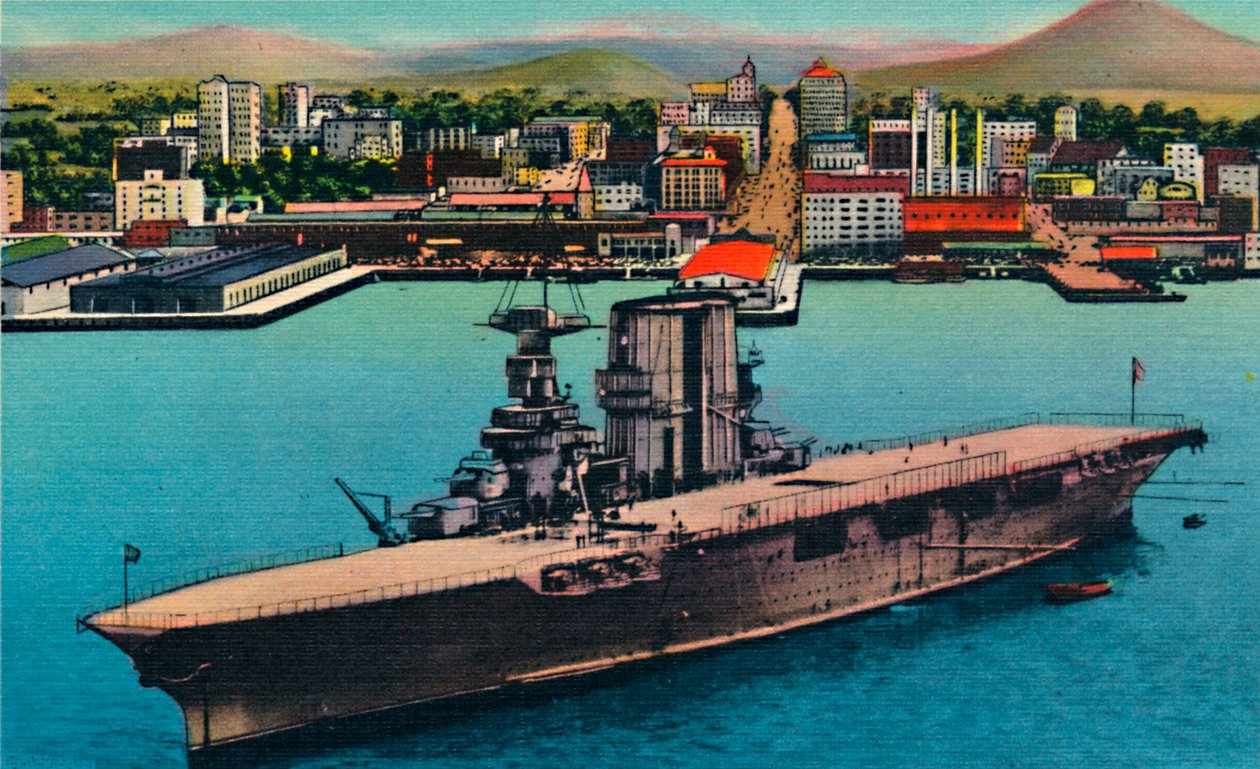 Amerikai haditengerészet repülőgép-hordozója a Broadway lábánál horgonyzóban. San Diego, Kalifornia, 1941 alkotó: Unbekannt