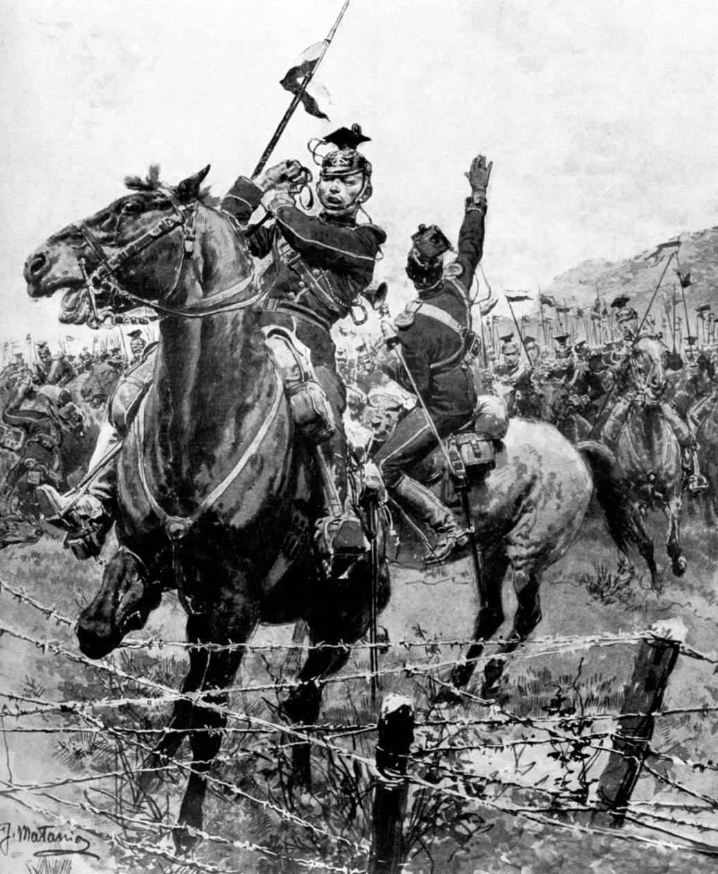 Az ulánokat szögesdróttal ellenőrizték a belgiumi Liege közelében, első világháború, 1914 alkotó: Unbekannt