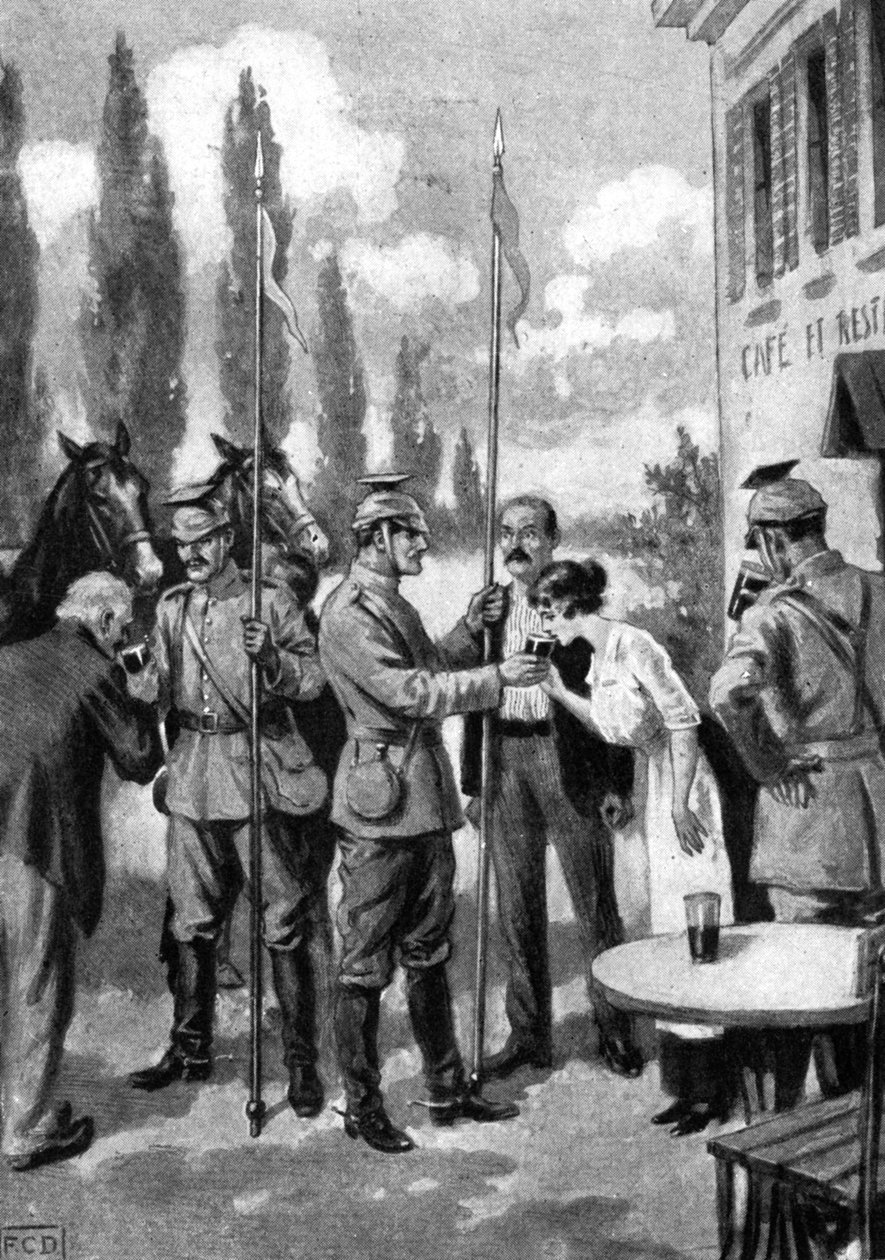 Uhlánok frissítőket követelnek a belga falusiaktól, Első világháború, 1914 alkotó: Unbekannt