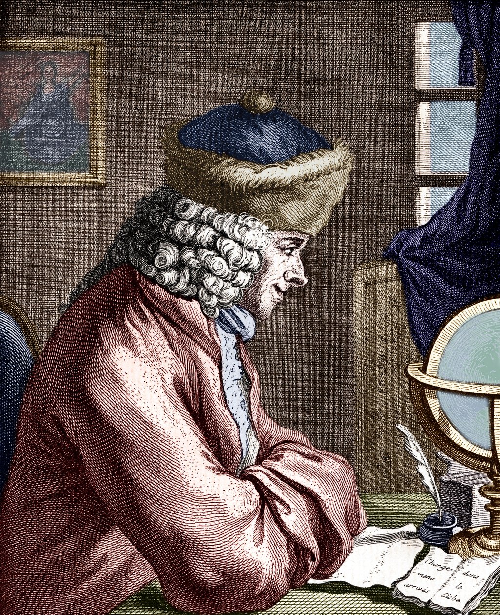 VOLTAIRE, Francois-Marie Arouet - Voltaire dolgozó portréja. Francia író, filozófus, drámaíró, költő 1694-1778. 18. századi metszet. Toll toll alkotó: Unbekannt
