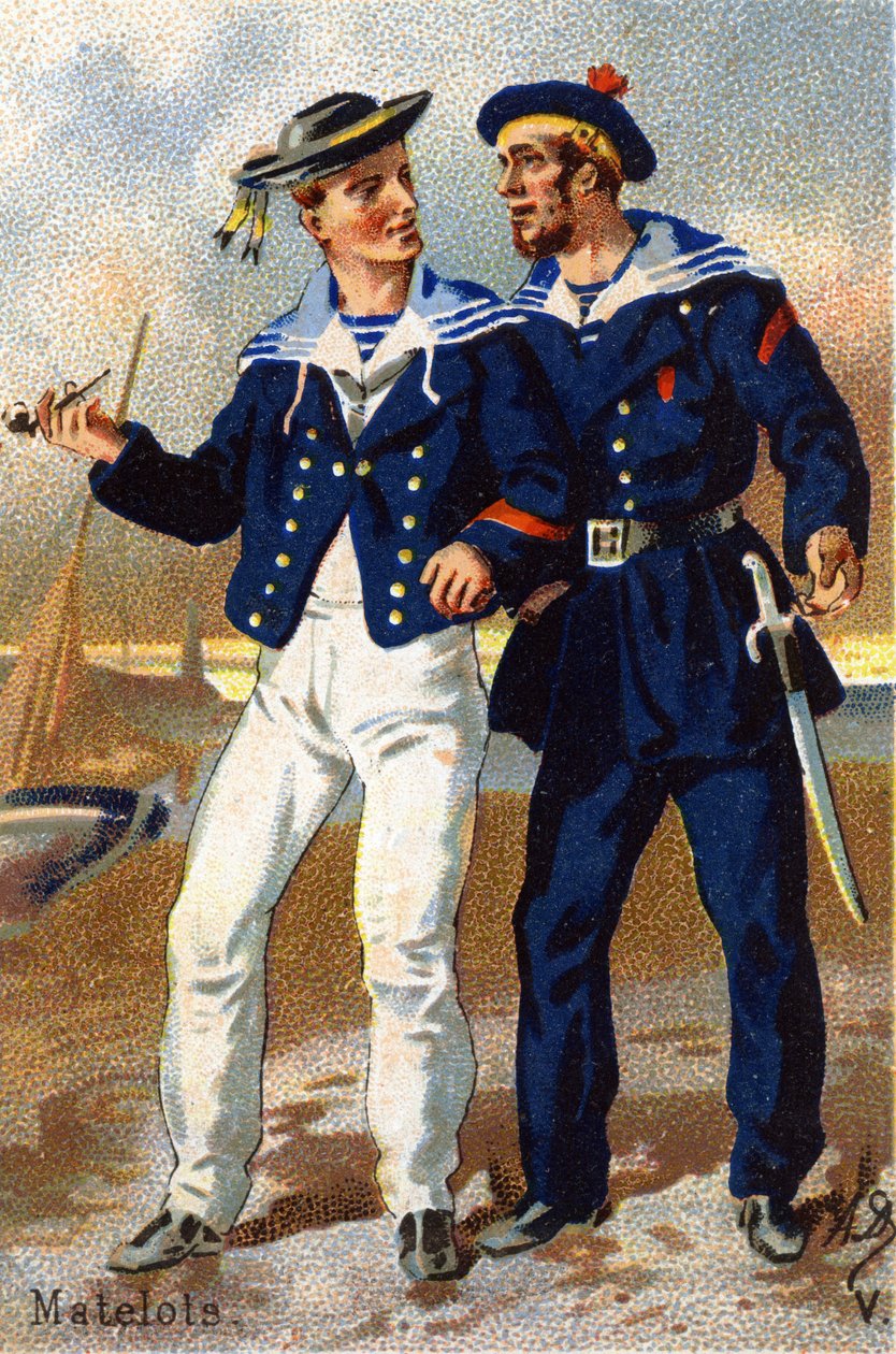 V: Tengerészek. Metszet "Katonai ábécé"-ben. Az illusztrátor kezdőbetűi: A. D. Ismeretlen kiadó. Kromolitográfia a 19. század végén. Mérete: 10,5x7 cm. alkotó: Unbekannt