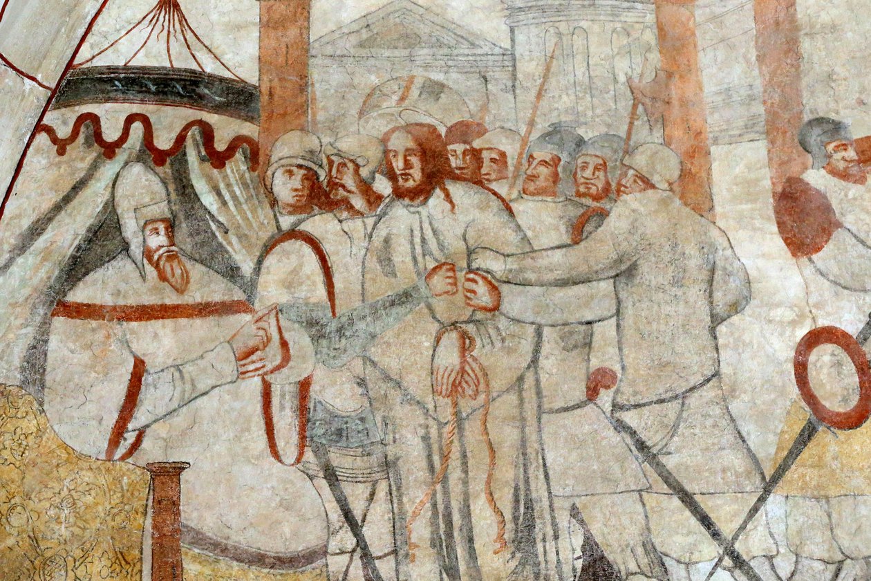 Vault de Lugny templom. 16. századi falfestmény. Krisztus szenvedélyében. Krisztus Pilátus előtt. Franciaország Â alkotó: Unbekannt