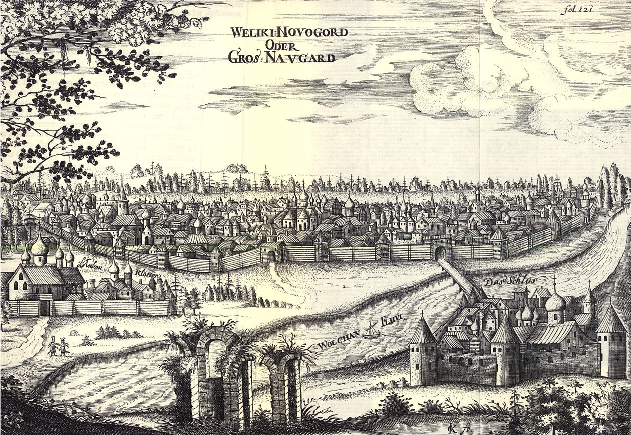 Velikij Novgorod illusztrációja Adam Olearius utazásaiból Moszkva nagyhercegéhez és Perzsia királyához, 1656 alkotó: Unbekannt