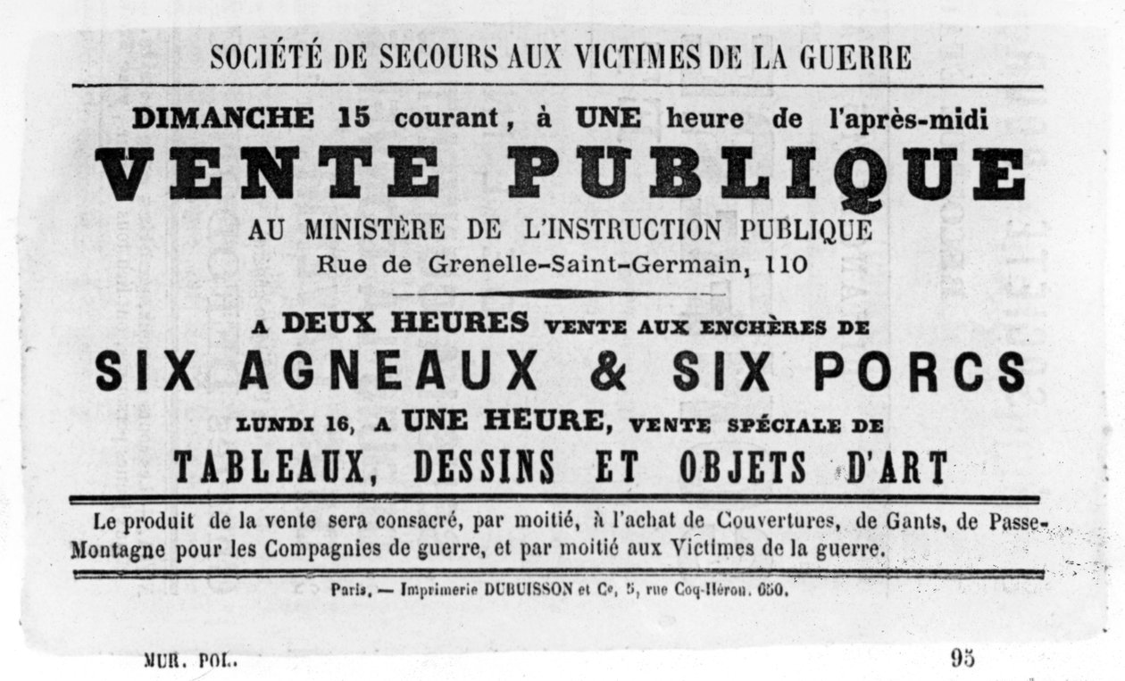 Vente Publique, a Párizsi Kommün francia politikai plakátjaiból, 1871. május alkotó: Unbekannt