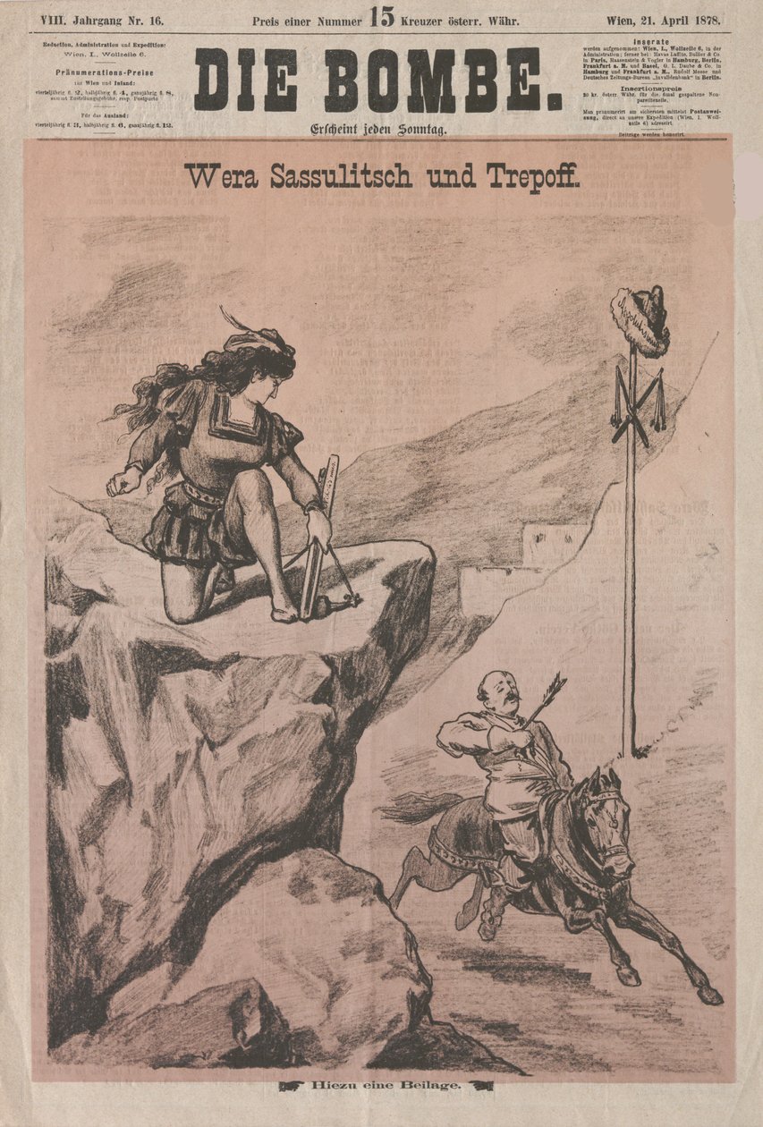 Vera Zasulich és Trepov a Die Bombe borítója, 1878. alkotó: Unbekannt